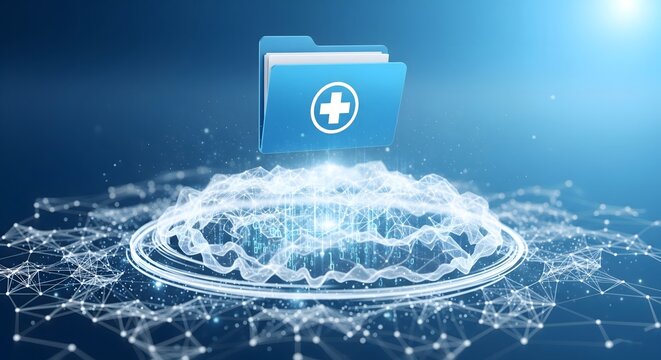 Digital health folder with a medical cross hologram, representing patient data, electronic health records, and secure hospital management