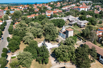 Karadjordje Crurch in Topola, Sumadija, Central Serbia. Aerial drone view Panorama of city