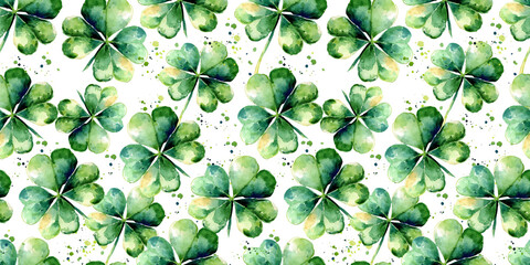 Lucky Shamrocks Splash, St. Patrick's Day Celebration seamless pattern Watercolor Plant Illustrations Green clover leaf Irish Heritage and Luck