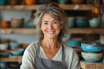 A smiling mature woman potter stands in her workshop, surrounded by her handcrafted pottery.