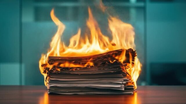 Burning paper stack represents data destruction and financial risk