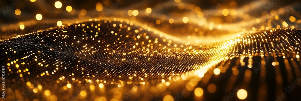 Poster golden sparkles: abstract waves of shimmering gold particles create a dynamic, high-tech, futuristic