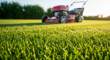 Freshly Mowed Lawn with Red Mower in Background