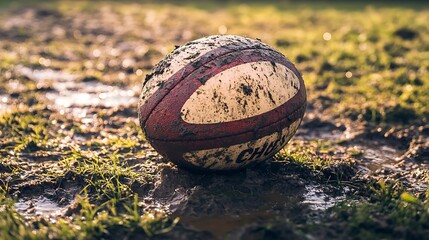 Rugby ball lying on muddy grass field, soft light and shadow, no players
