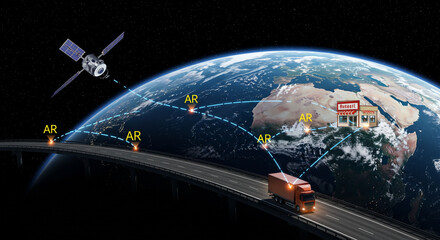 Global logistics network connecting continents with satellite tracking and autonomous trucks on a futuristic highway