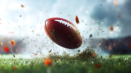 Rugby ball mid-kick freeze shot, grass flying around, dynamic moment
