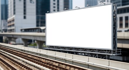 Large Blank White Billboard Overlooking Urban Elevated Train Tracks and Blurred Modern City Buildings, Perfect for Advertising and Copy Space