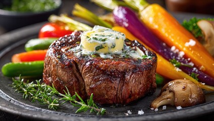 Grilled steak with colorful roasted vegetables