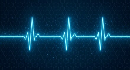 Bright glowing neon heartbeat graph on a dark blue background with abstract hexagonal honeycomb pattern, representing medical technology, healthcare, and vital signs data