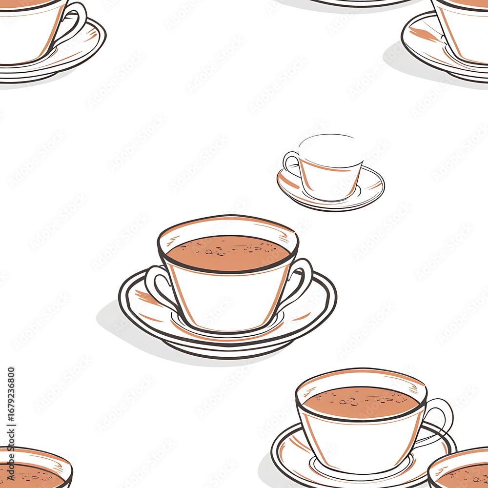 Aufkleber coffee cup pattern: an artistic seamless pattern of coffee cups with saucers is presented in a minim
