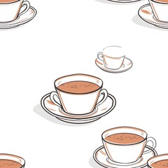 Coffee Cup Pattern: An artistic seamless pattern of coffee cups with saucers is presented in a minimalist style. Each element is carefully crafted to create an aesthetic composition. 