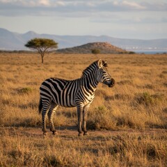 Obraz premium A lone zebra stands in the golden savanna mountains in the distance