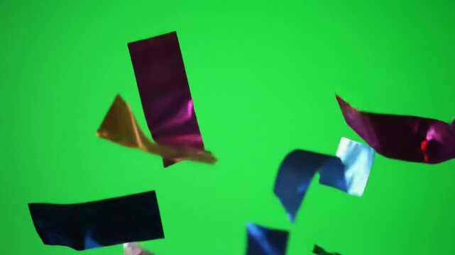 Colorful Confetti Celebration Festive Streamers Floating Against a Green Screen Background