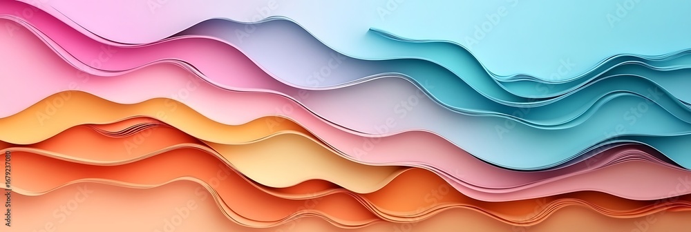 Poster color symphony: a captivating, modern art composition of layered, wave-like forms unfolds, creating 