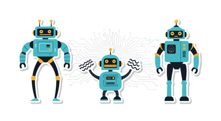 Fototapeta premium Three futuristic blue robots standing and waving arms in a fun playful manner