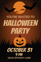 Halloween party. Vector vintage invitation to Halloween party. Silhouette of pumpkin, bats and moon. Ideal for posters, flyers and digital cards in retro style