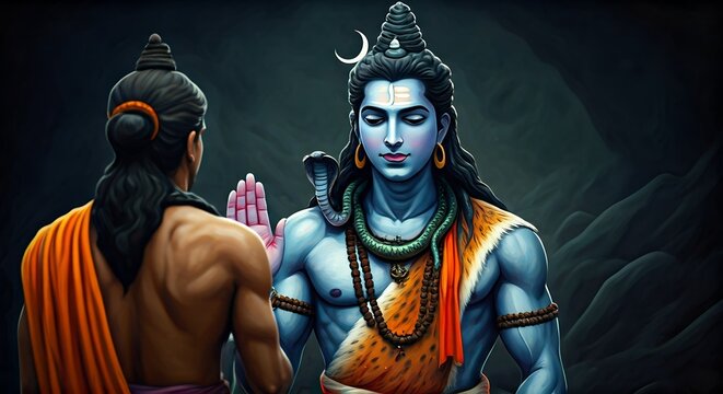 Mystical meeting of a blue-skinned deity and a spiritual figure in ancient Indian mythology - Powered by Adobe