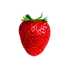 A realistic watercolor painting of a single strawberry with fresh green leaves, side view, isolated on a transparent background. High-resolution PNG, minimalistic and commercial-ready.