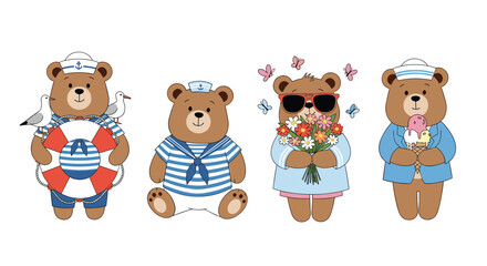 Four adorable cartoon bears dressed in nautical sailor outfits enjoying a summer day