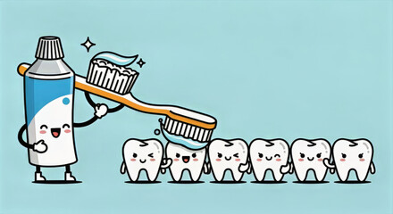 Cartoon toothpaste tube and toothbrush characters brushing teeth in a dental hygiene illustration style