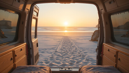 Beach sunset view from inside camper van with open doors and sandy footprints path