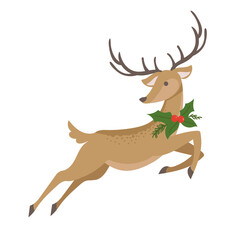 Leaping Christmas Deer with Holly Berries