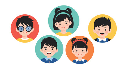 Diverse group of happy cartoon children faces posed in a circle