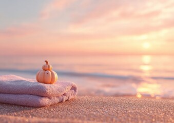 A Serene and Peaceful Scene of a Jack-o'-Lantern on a Beach Towel, Watching a Golden Sunrise Over the Ocean
