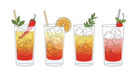 Refreshing tropical cocktails with garnishes and ice cubes perfect for summer parties