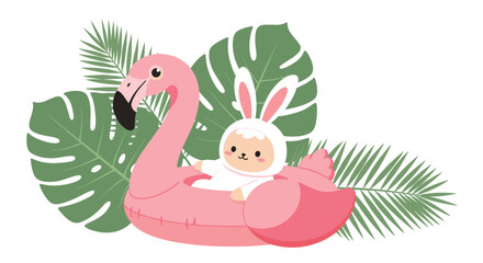Adorable baby in bunny costume floats on pink flamingo pool toy surrounded by tropical leaves