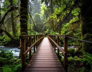 Fototapeta premium Lush forest with a wooden bridge over a stream