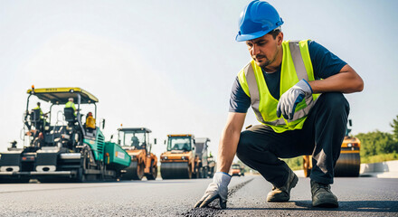 Road Construction Worker Inspecting Asphalt Quality on a Sunny Day