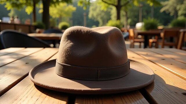 Classic fedora hat resting on a wooden table in a sun-dappled outdoor cafe