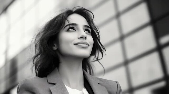 Monochrome portrait of an intellectual woman with mid-eastern features, wearing business attire and glasses. In a candid moment on a city street, her hair is blown by the wind.