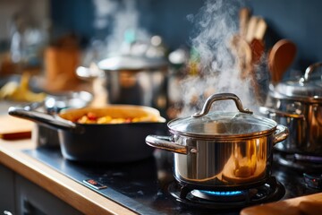 Modern induction cooktop in a well equipped contemporary kitchen Generative AI