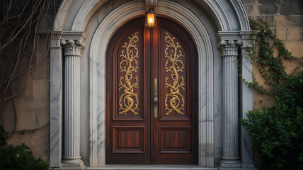 Fototapeta premium Ornate architectural entrance with grand wooden doors and column details