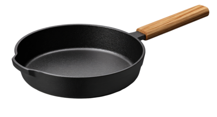 Black cast iron skillet with light-brown wooden handle