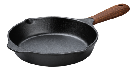 Dark-gray cast iron skillet with wooden handle
