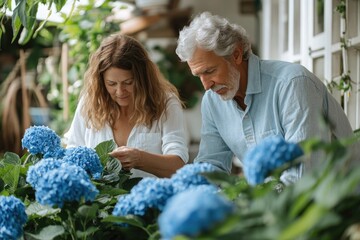 Senior couple tending to vibrant blue hydrangeas in their garden, showcasing shared passion and peaceful retirement.