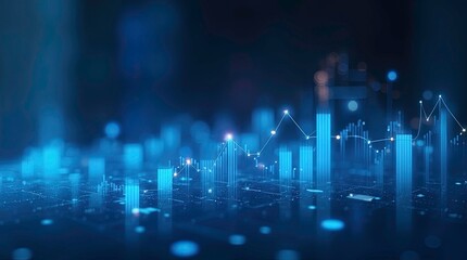 Futuristic financial data visualization with glowing blue line graphs and vertical bar chart, Abstract financial chart with rising graphs