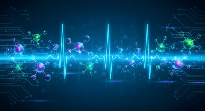Abstract health technology background featuring a neon heartbeat line, molecular structures, and a circuit board pattern, symbolizing digital healthcare and innovation