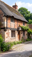 Fototapeta premium A charming, sun-drenched cottage with a thatched roof, nestled within a picturesque village lane, displays warm brick facade and lush plantings.