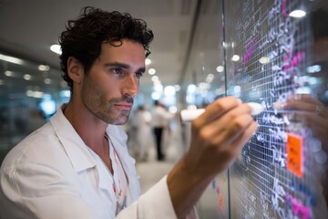 Professional writing on interactive whiteboard during collaborative session Generative AI