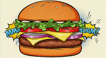 A cartoon style image of a burger with lettuce tomato onion cheese and a sesame seed bun with sound effects