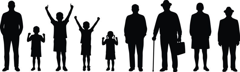 Human life stages silhouette, childhood to old age vector, people outline, generational growth illustration, aging process shadow, family life cycle clipart