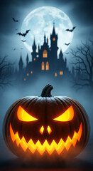 Illuminated jack-o'-lantern foreground, spooky castle and moon background Halloween scene, conveying mystery and fright for seasonal celebrations