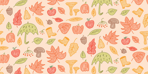 Seamless pattern with autumn elements. Mushrooms, umbrellas, pumpkins and falling leaves. Colorful seasonal background in doodle style. Vector illustration for kids design, prints, wrapping
