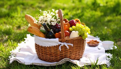 Wicker picnic basket on a blanket in grass filled with baguettes, wine, cheese, grapes and assorted fruit for an outdoor summer picnic.