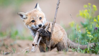 Obraz premium A red fox kit chews a stick in a grassy meadow, looking curious and playful with bright eyes and fluffy fur.