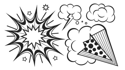 Dynamic black and white comic book style illustration featuring an explosion burst bubble with stars lightning clouds and a stylized pizza slice with polka dots
